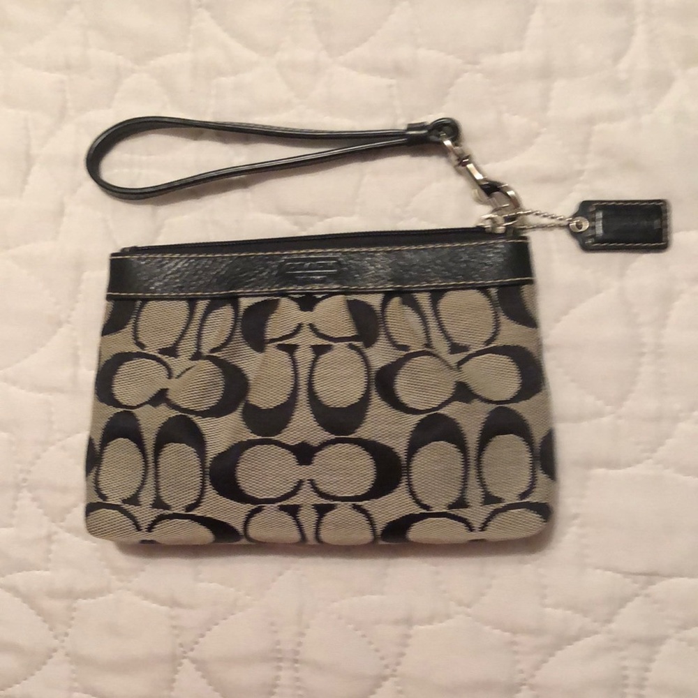Coach Accessory Pouch With Leather Trim, Carry Handle(Wristlet), Gold Hardware.